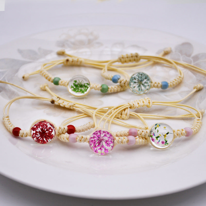 Wholesale Handmade Hemp Cotton Weaving Dried Flower Tree Of Life Color Elastic Bracelet